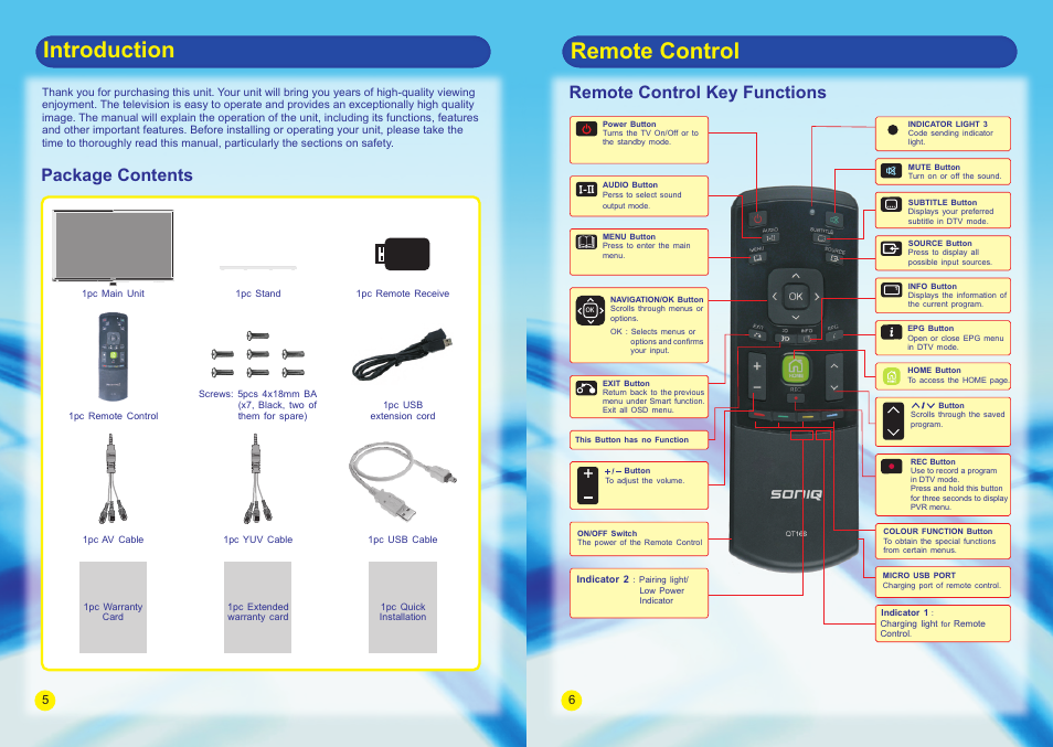 Introduction remote control, Package contents, Remote control key functions | SONIQ E55V13A User Manual | Page 5 / 23