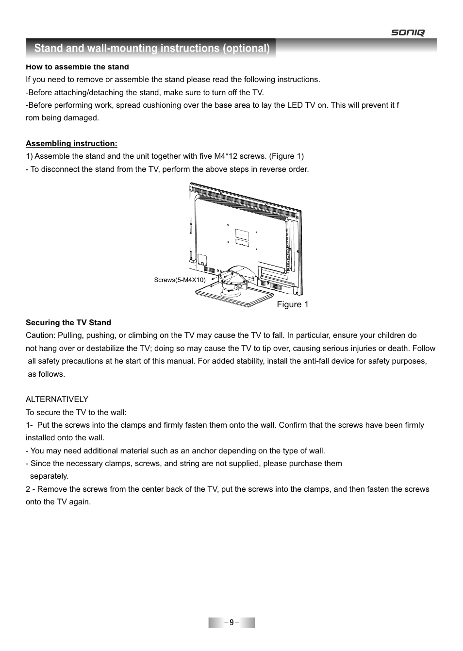 页 11, Stand and wall-mounting instructions (optional) | SONIQ E55Z11A User Manual | Page 10 / 55