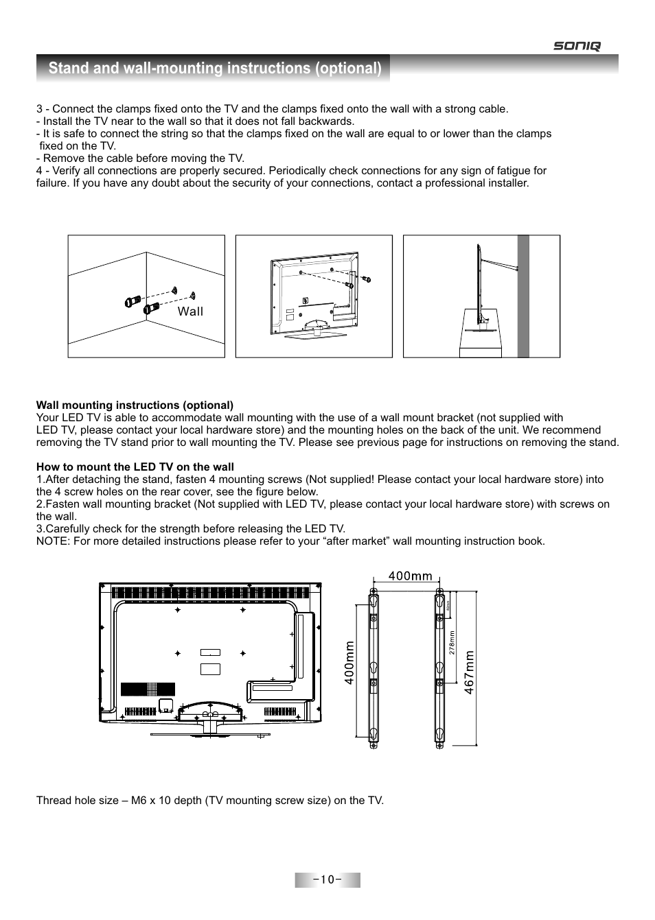页 12, Stand and wall-mounting instructions (optional) | SONIQ E55Z11A User Manual | Page 11 / 55
