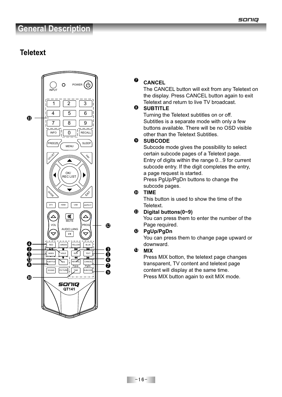 页 18, General description, Teletext | SONIQ E55Z11A User Manual | Page 17 / 55