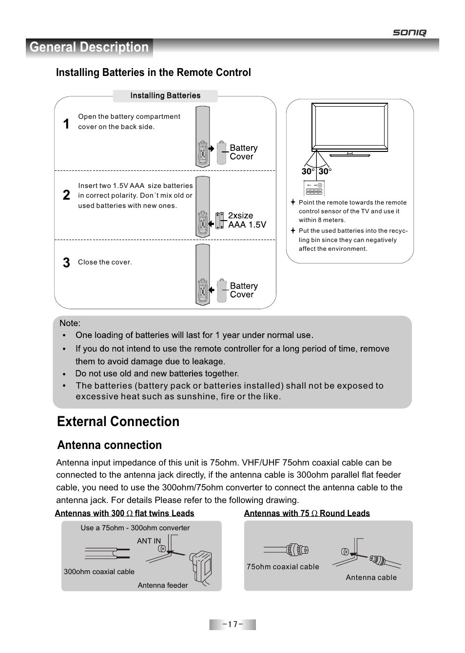 页 19, External connection, General description | Antenna connection, Installing batteries in the remote control | SONIQ E55Z11A User Manual | Page 18 / 55
