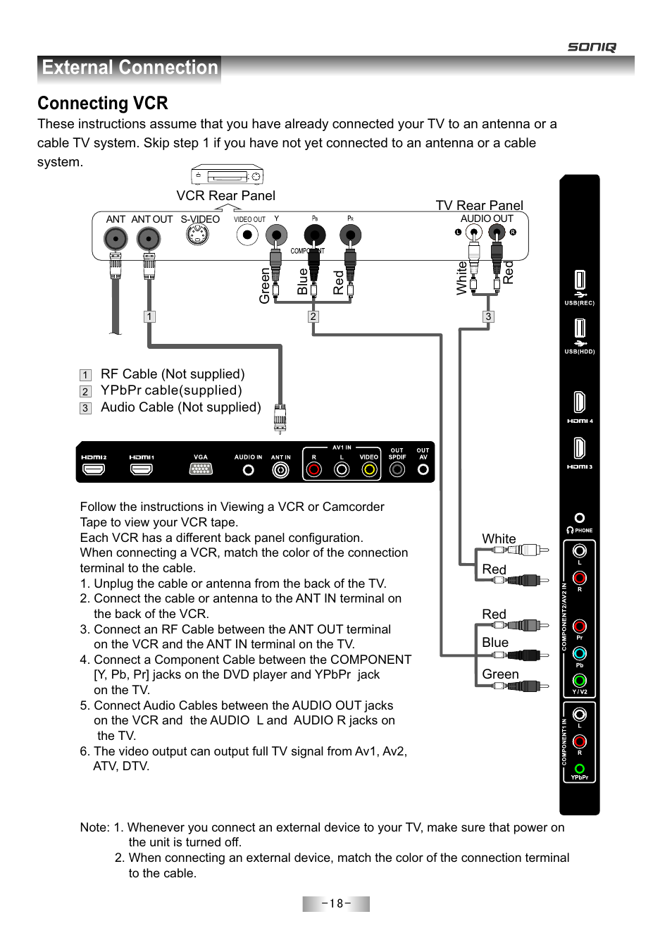 页 20, External connection, Connecting vcr | SONIQ E55Z11A User Manual | Page 19 / 55
