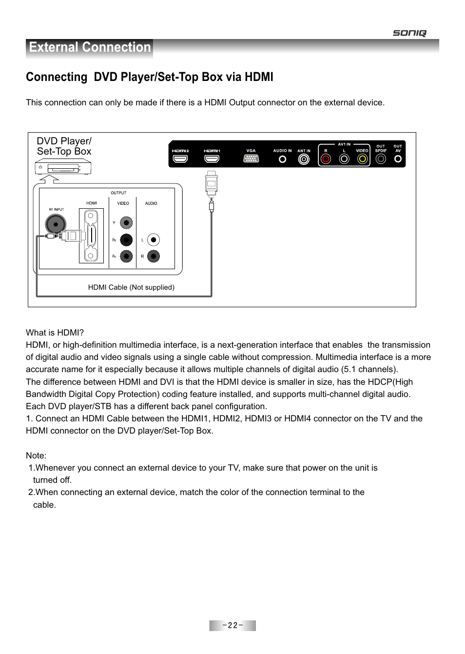 页 24, External connection, Connecting dvd player/set-top box via hdmi | SONIQ E55Z11A User Manual | Page 23 / 55