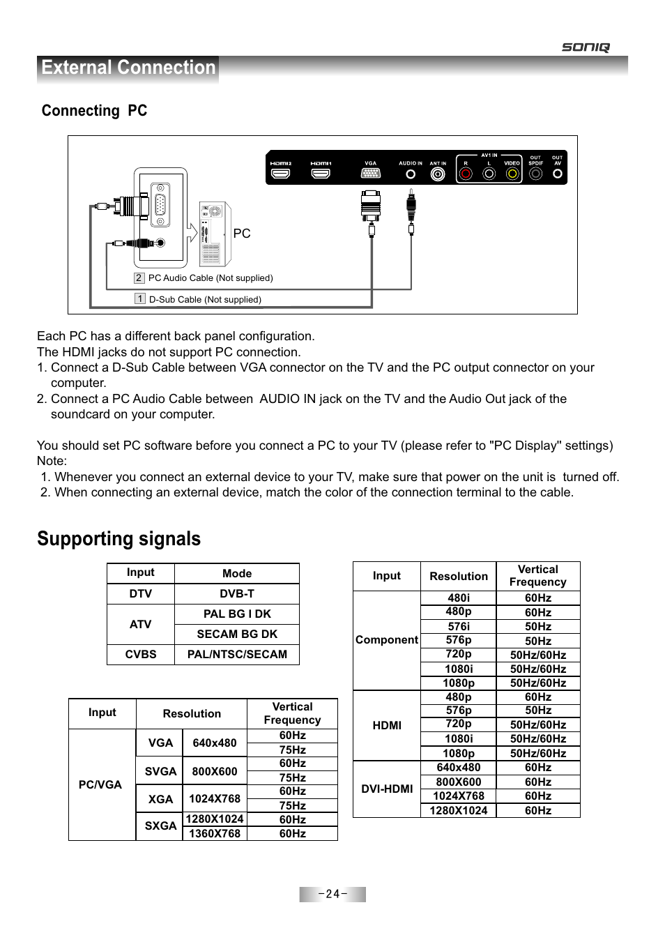 页 26, Supporting signals, External connection | Connecting pc | SONIQ E55Z11A User Manual | Page 25 / 55
