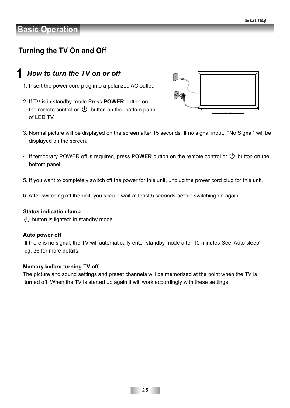页 27, Basic operation, Turning the tv on and off | How to turn the tv on or off | SONIQ E55Z11A User Manual | Page 26 / 55