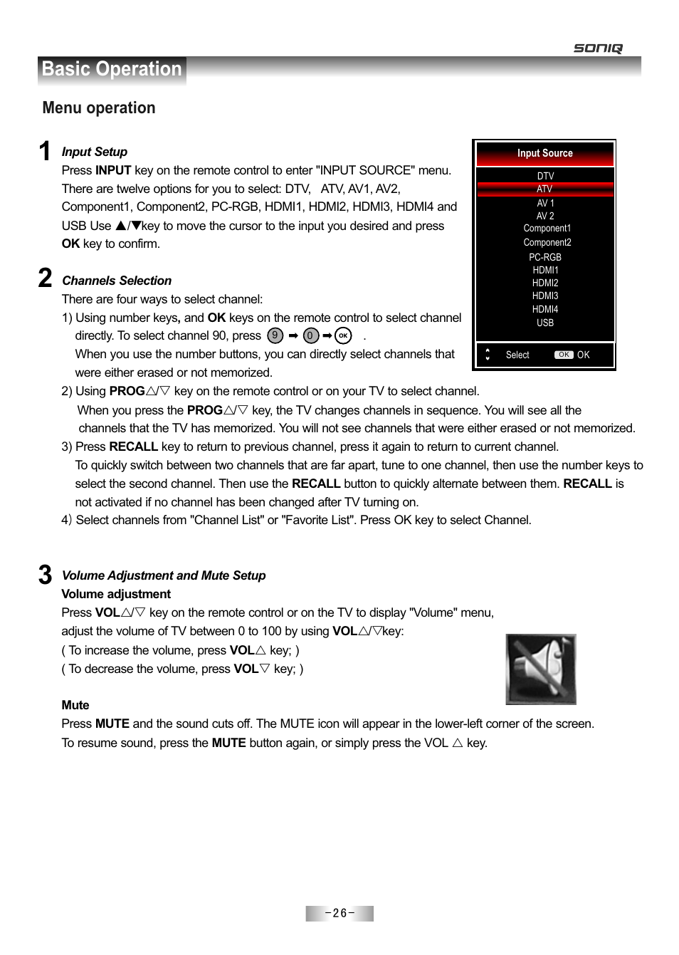 页 28, Basic operation, Menu operation | SONIQ E55Z11A User Manual | Page 27 / 55