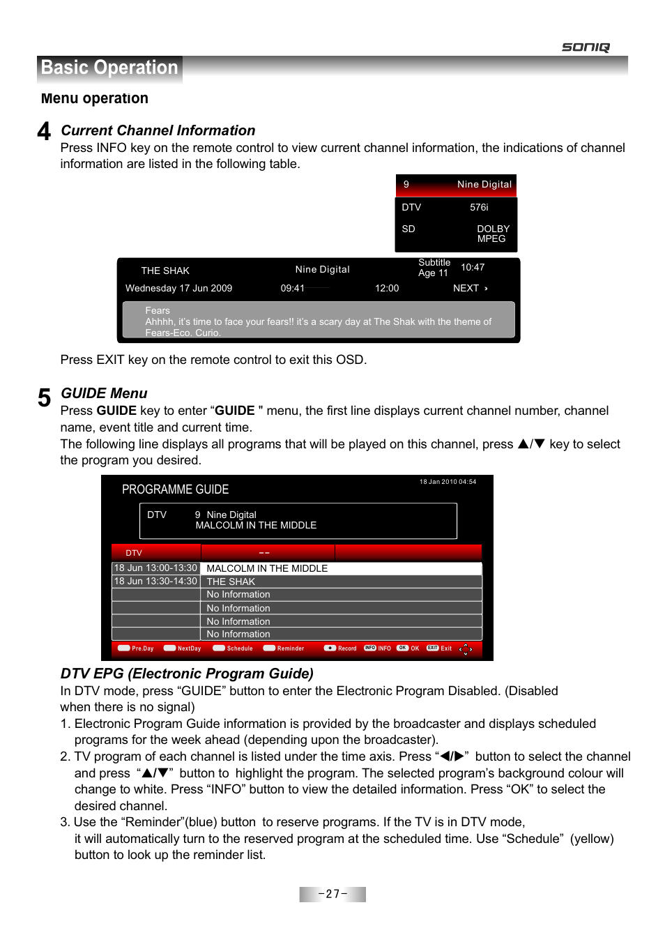 页 29, Basic operation, Menu operation | Current channel information, Guide menu, Dtv epg (electronic program guide), Programme guide | SONIQ E55Z11A User Manual | Page 28 / 55