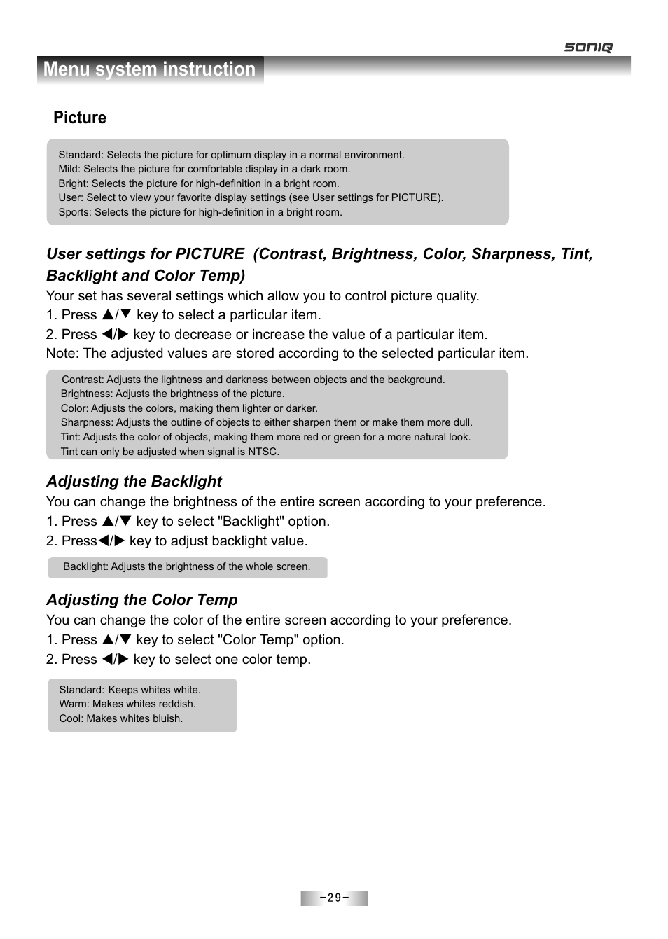 页 31, Menu system instruction, Picture | Adjusting the backlight, Adjusting the color temp | SONIQ E55Z11A User Manual | Page 30 / 55