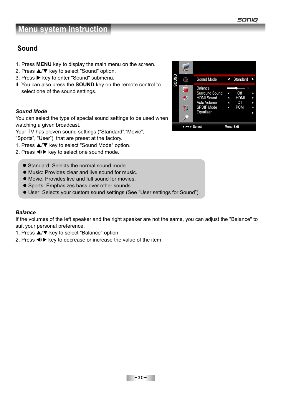 页 32, Menu system instruction, Sound | SONIQ E55Z11A User Manual | Page 31 / 55