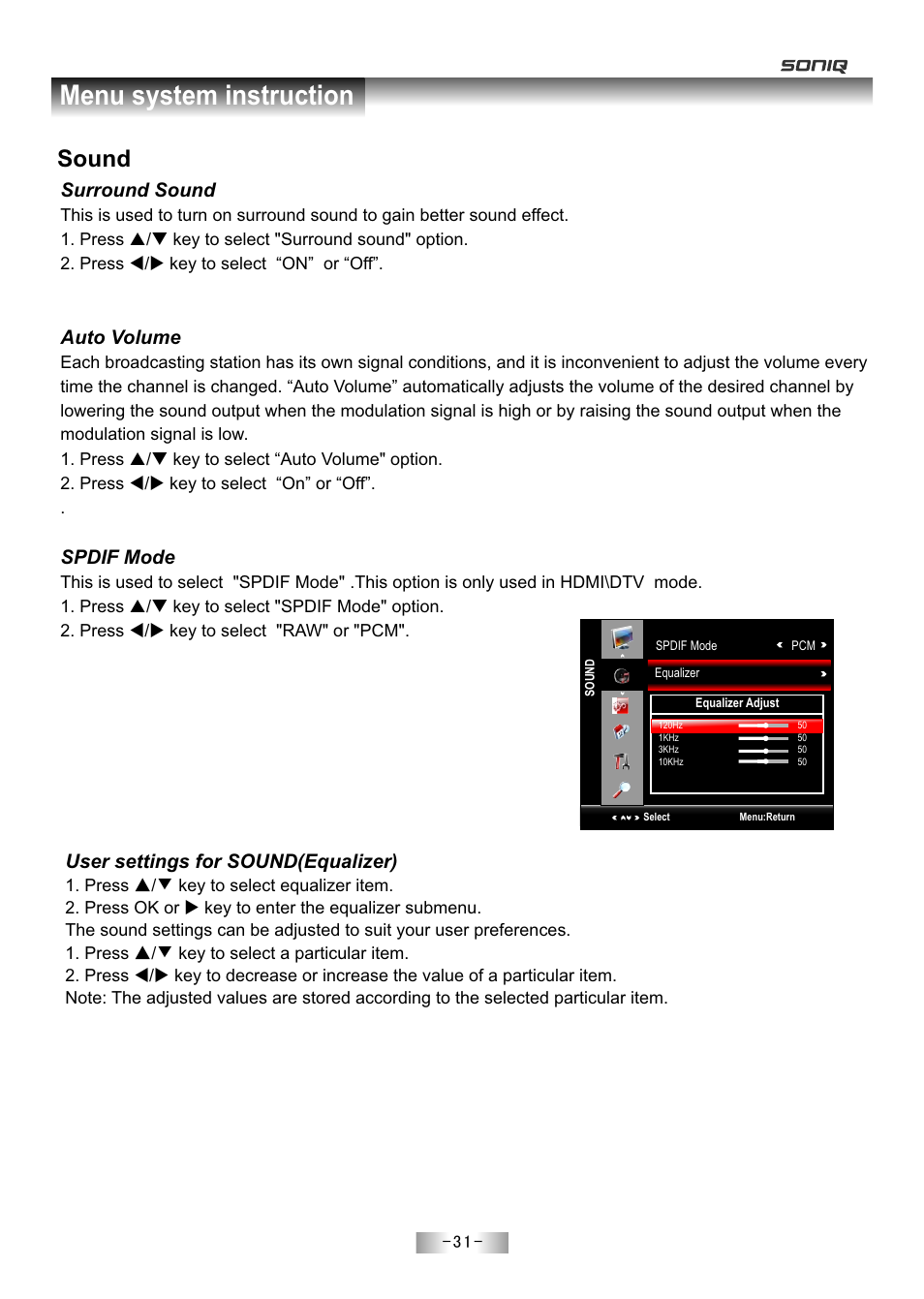 页 33, Menu system instruction, Sound | Surround sound, Auto volume, Spdif mode, User settings for sound(equalizer) | SONIQ E55Z11A User Manual | Page 32 / 55