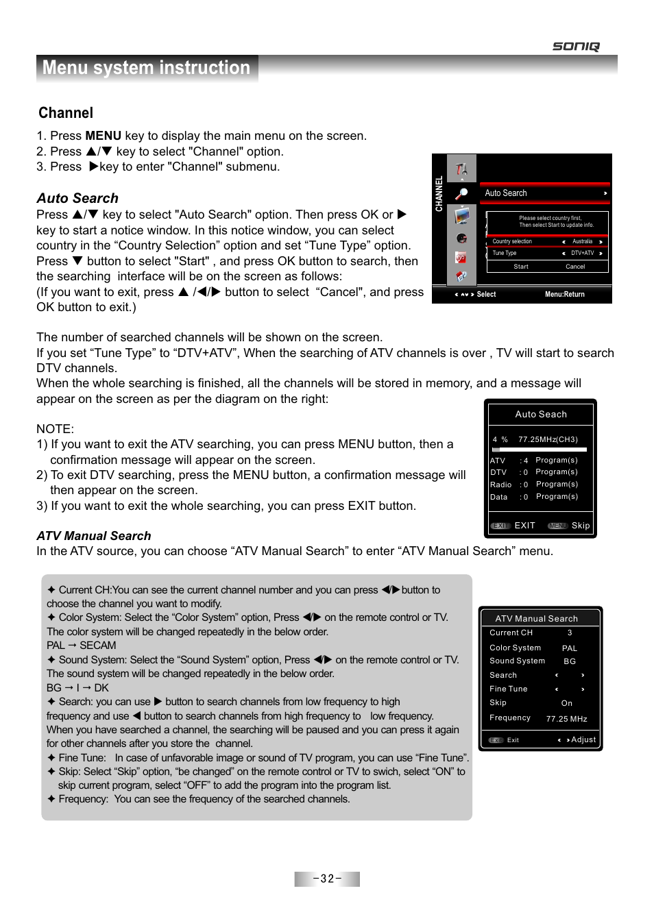 页 34, Menu system instruction, Channel | Auto search | SONIQ E55Z11A User Manual | Page 33 / 55