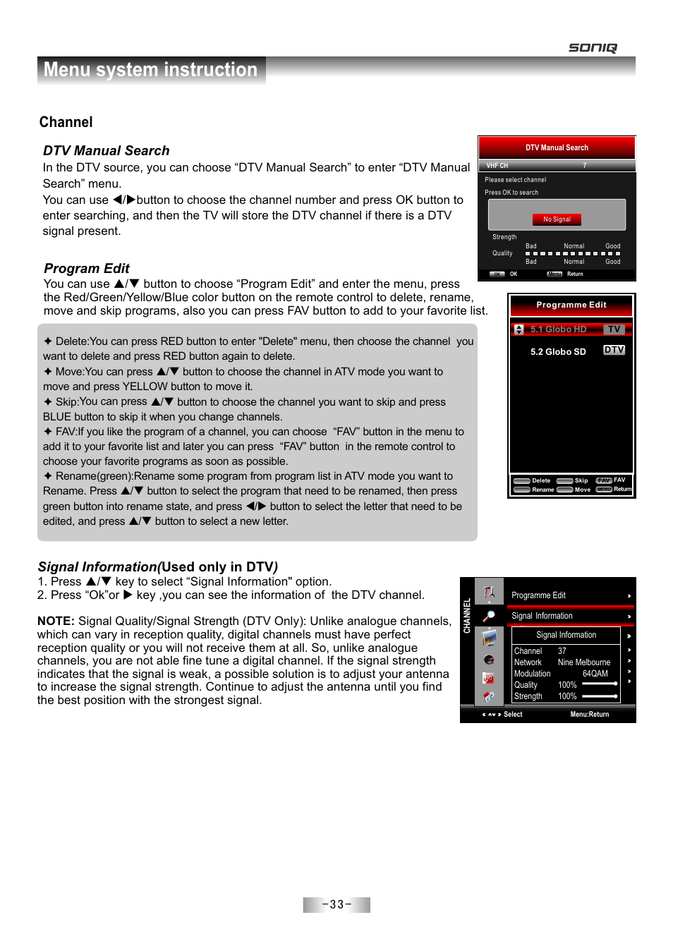 页 35, Menu system instruction, Channel | Used only in dtv ), Signal information, Program edit, Dtv manual search, Signal information nformation | SONIQ E55Z11A User Manual | Page 34 / 55