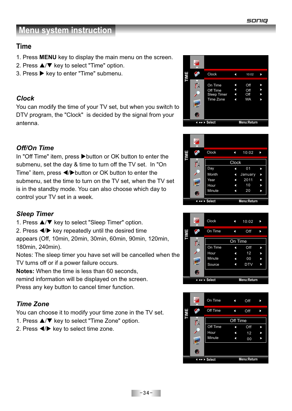 页 36, Menu system instruction, Time | Sleep timer, Clock, Off/on time, Time zone | SONIQ E55Z11A User Manual | Page 35 / 55
