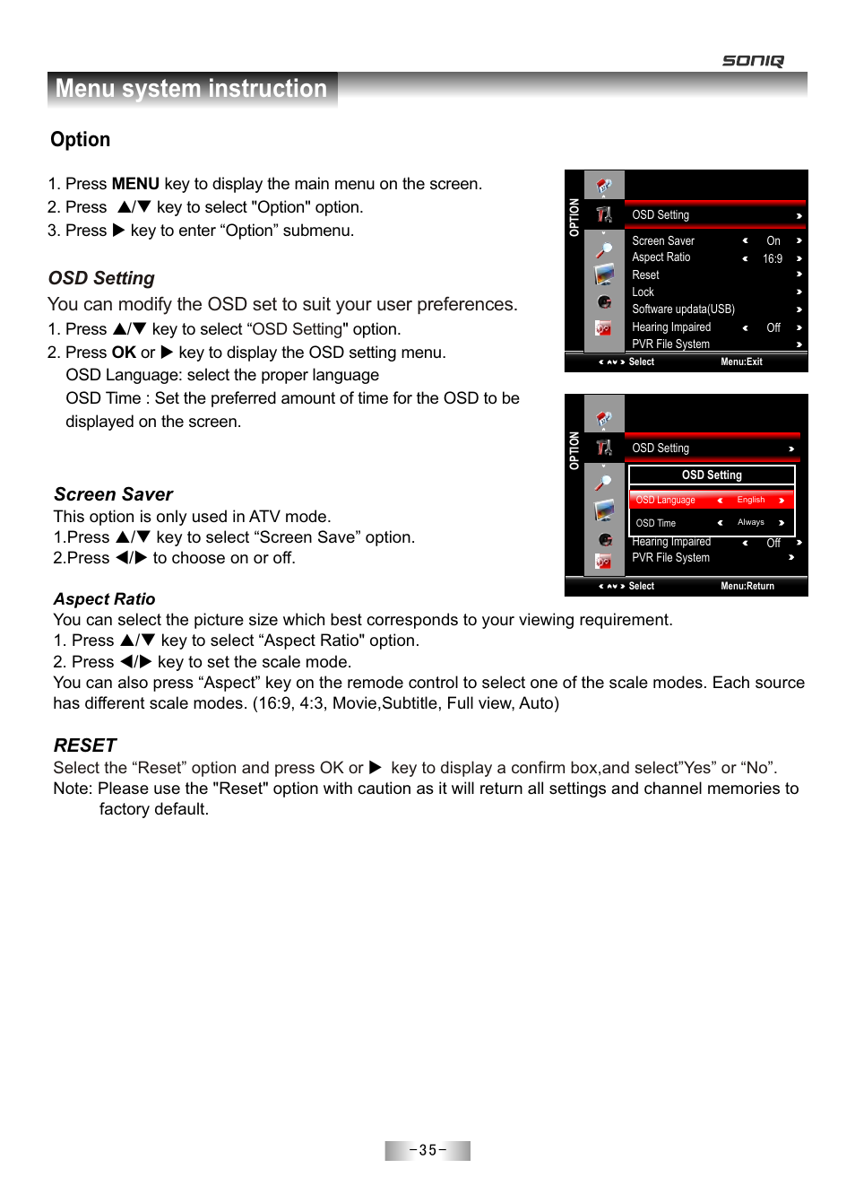 页 37, Menu system instruction, Option | Screen saver, Reset | SONIQ E55Z11A User Manual | Page 36 / 55