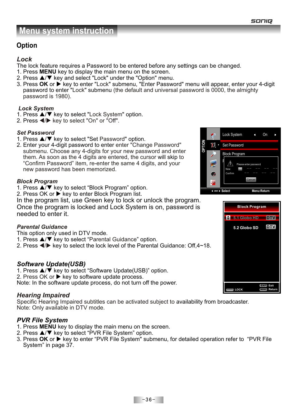 页 38, Menu system instruction, Option | Lock, Hearing impaired, Software update(usb), Pvr file system | SONIQ E55Z11A User Manual | Page 37 / 55