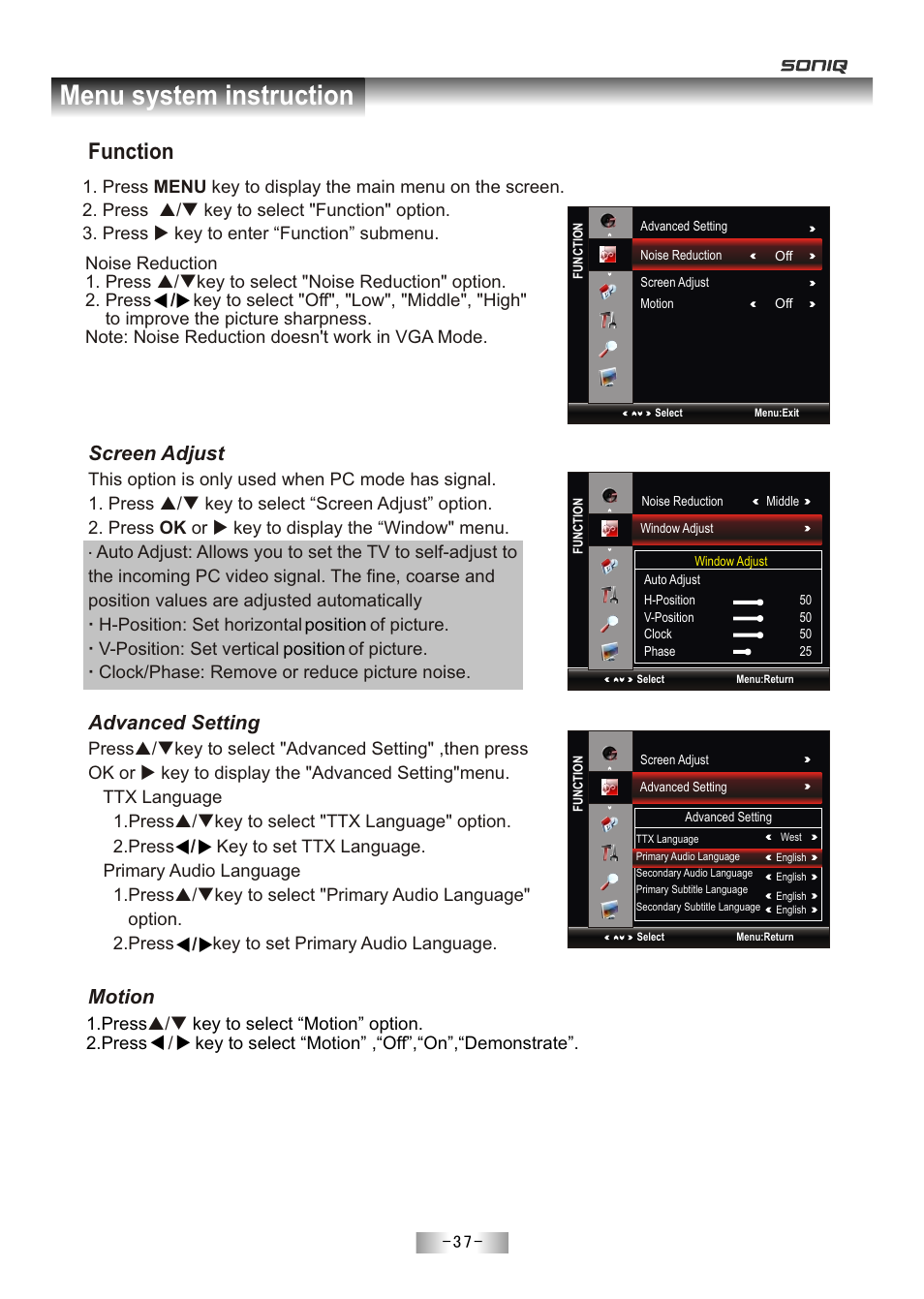 页 39, Menu system instruction, Function | Screen adjust, Advanced setting, Motion | SONIQ E55Z11A User Manual | Page 38 / 55