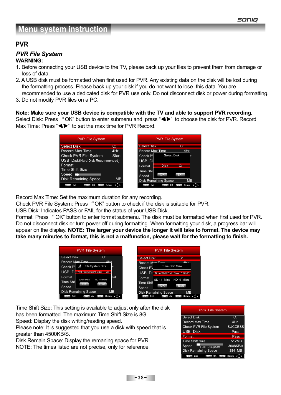 页 40, Menu system instruction, Pvr file system | SONIQ E55Z11A User Manual | Page 39 / 55