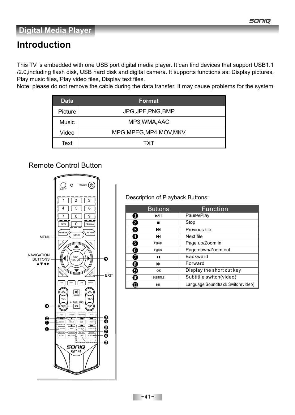 页 43, Introduction, Digital media player | Remote control button, Buttons function, Mpg,mpeg, , , mp4 mov mkv, Description of playback buttons, Subtitile switch(video), Language soundtra ck switc h(video) | SONIQ E55Z11A User Manual | Page 42 / 55