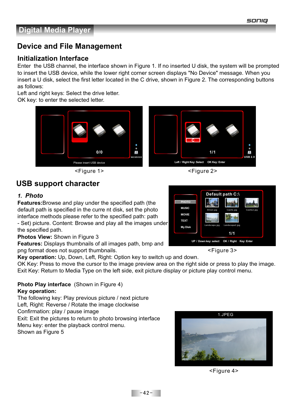 页 44, Device and file management, Usb support character | Digital media player, Initialization interface, Photo, Figure 1> <figure 2> <figure 3, Figure 4 | SONIQ E55Z11A User Manual | Page 43 / 55