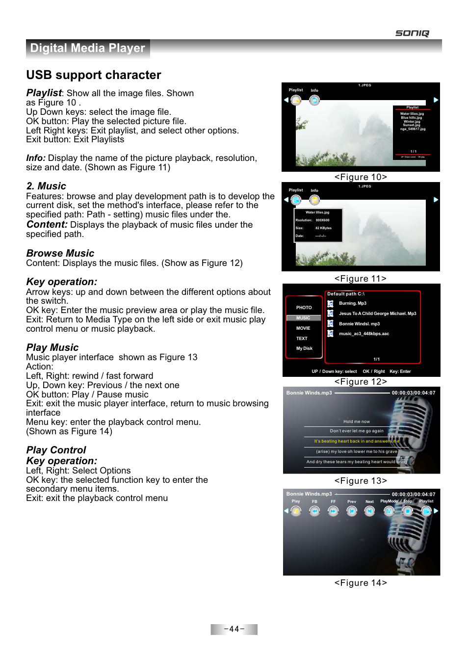 页 46, Digital media player, Usb support character | Playlist, Music, Content, Browse music, Key operation, Play music, Play control key operation | SONIQ E55Z11A User Manual | Page 45 / 55