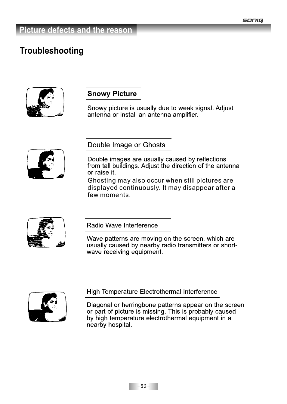 页 55, Troubleshooting, Picture defects and the reason | SONIQ E55Z11A User Manual | Page 54 / 55