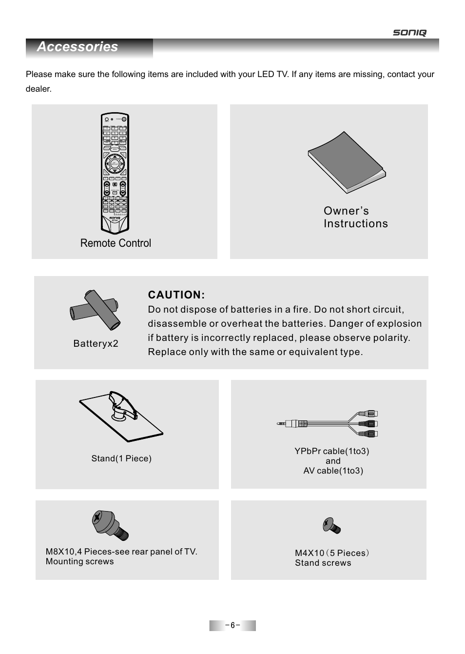 Accessories, Remote control, Owner’s instructions | Caution, Batteryx2, Sound, Hold size reveal cancel picture, Text subtitle time subcode, Dtv hdmi usb index, Red green yellow blue | SONIQ E55Z11A User Manual | Page 7 / 55