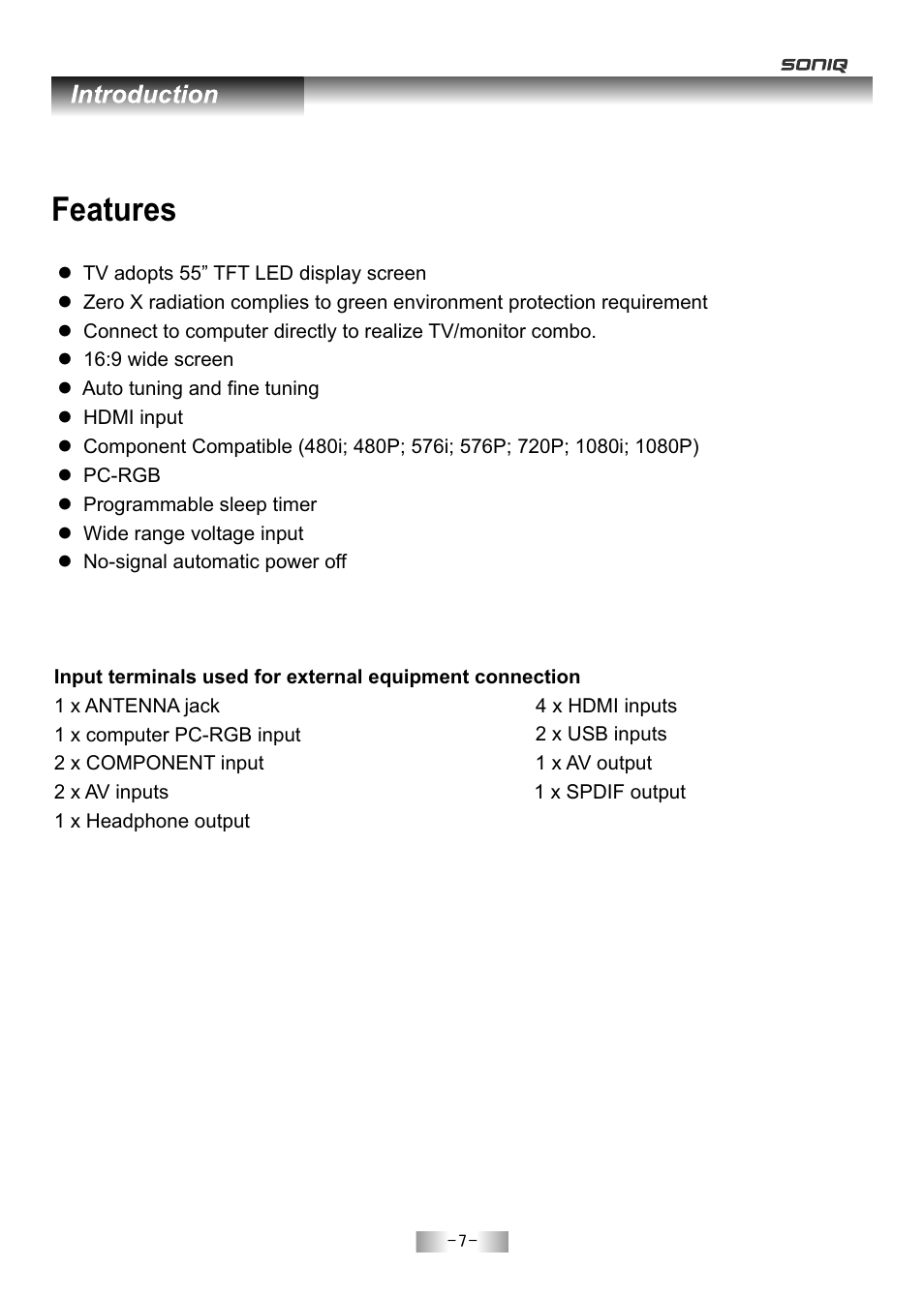 Features | SONIQ E55Z11A User Manual | Page 8 / 55