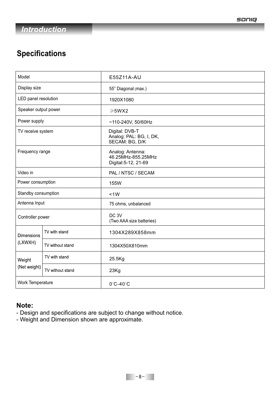 页 10, Specifications | SONIQ E55Z11A User Manual | Page 9 / 55