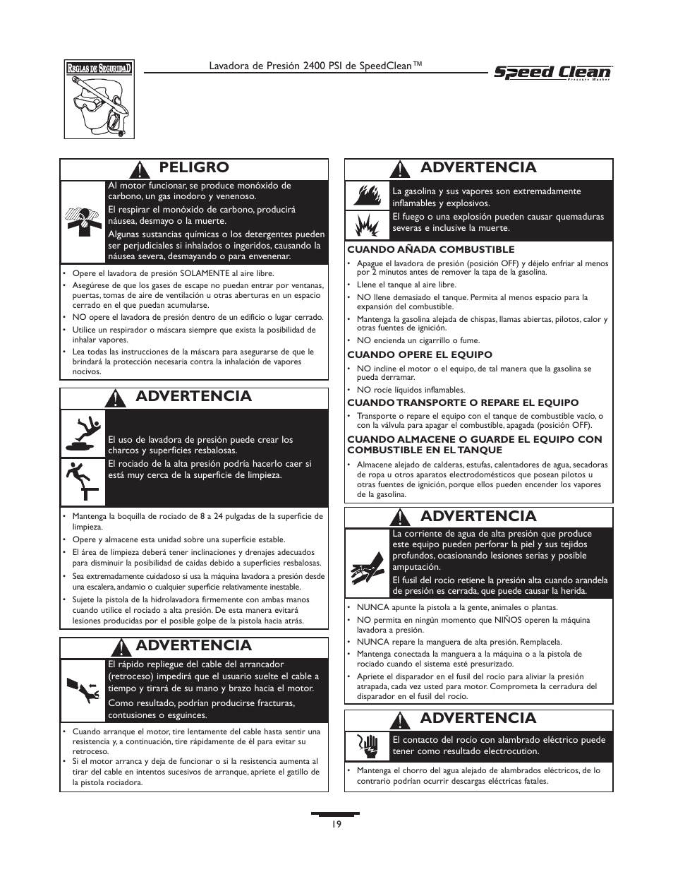 Advertencia, Peligro | Briggs & Stratton 020227-0 User Manual | Page 19 / 32
