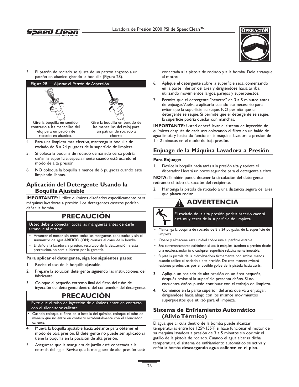 Precaución, Advertencia precaución, Enjuage de la máquina lavadora a presión | Briggs & Stratton 020227-0 User Manual | Page 26 / 32