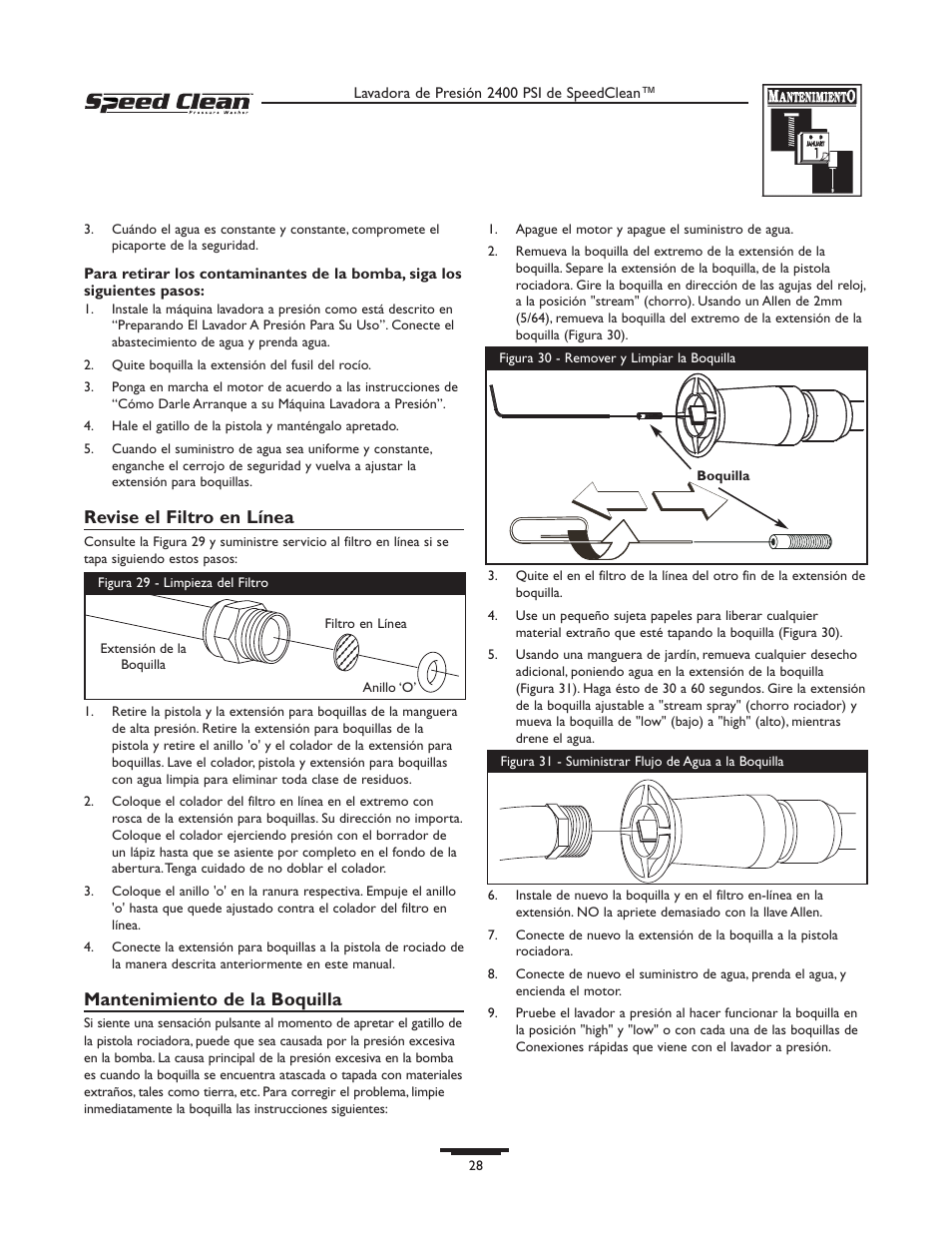 Revise el filtro en línea, Mantenimiento de la boquilla | Briggs & Stratton 020227-0 User Manual | Page 28 / 32