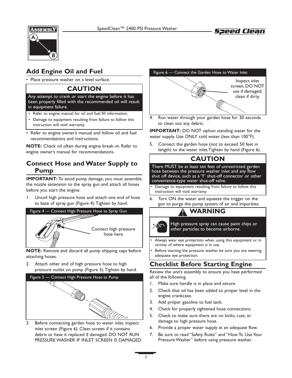 Add engine oil and fuel, Connect hose and water supply to pump, Checklist before starting engine | Caution, Warning | Briggs & Stratton 020227-0 User Manual | Page 7 / 32