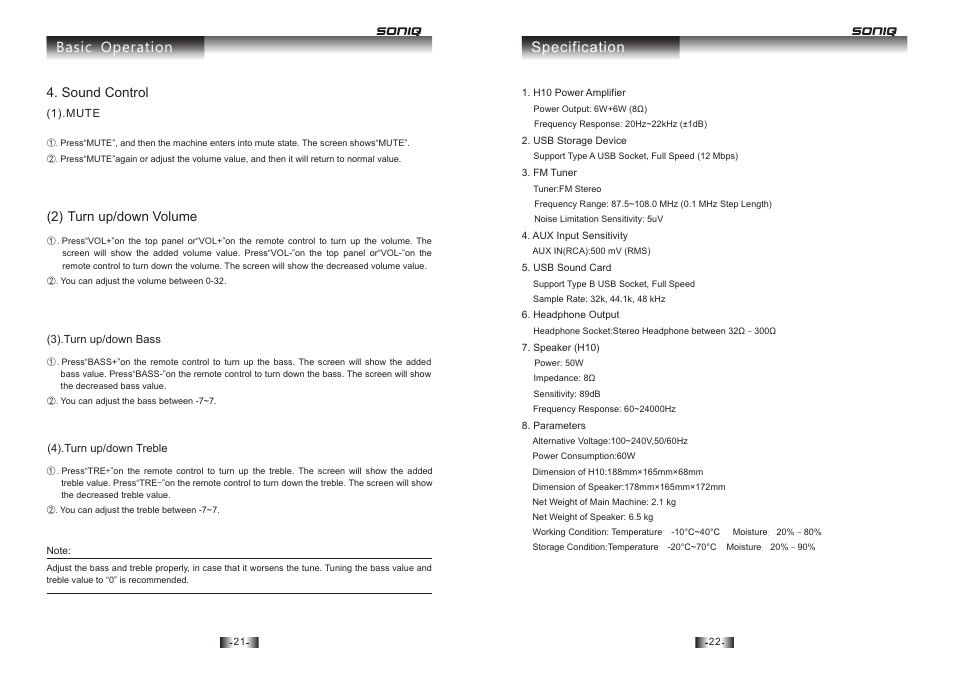 页 12, Specification basic operation | SONIQ H10 User Manual | Page 12 / 13
