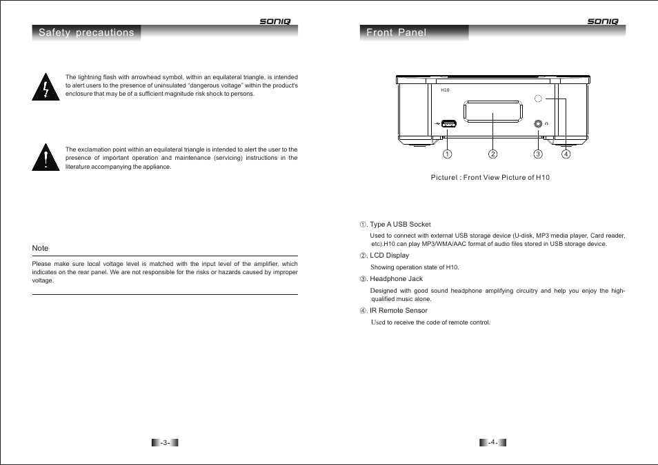Front panel, Safety precautions | SONIQ H10 User Manual | Page 3 / 13