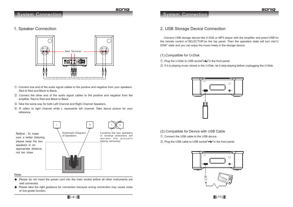 System connection, Speaker connection, Usb storage device connection | SONIQ H10 User Manual | Page 6 / 13