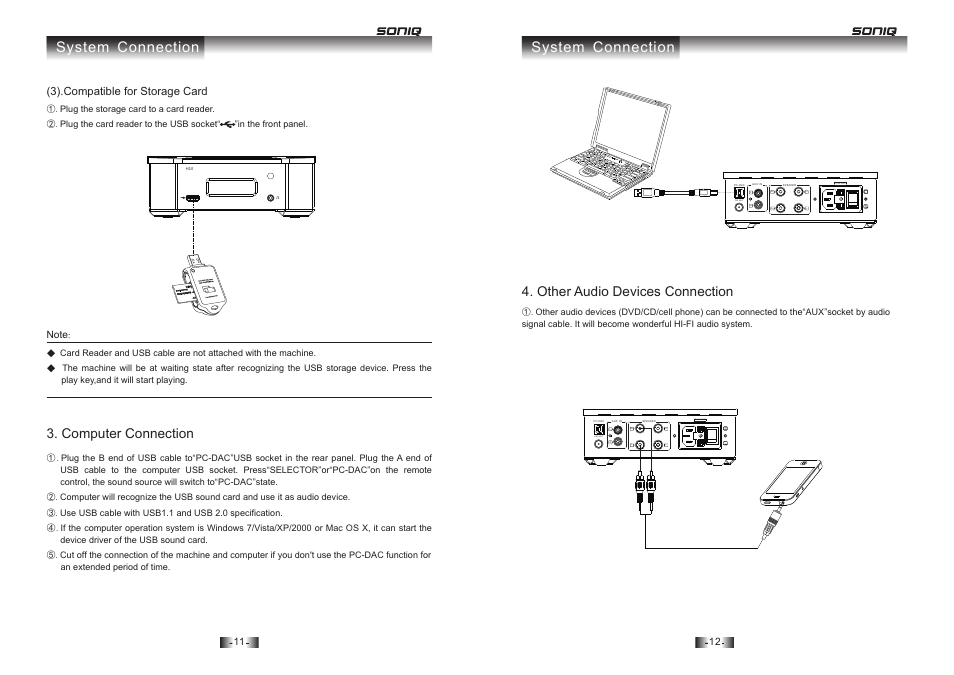 System connection, Computer connection, Other audio devices connection | SONIQ H10 User Manual | Page 7 / 13