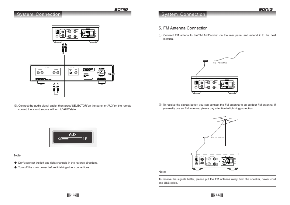 System connection, Fm antenna connection | SONIQ H10 User Manual | Page 8 / 13