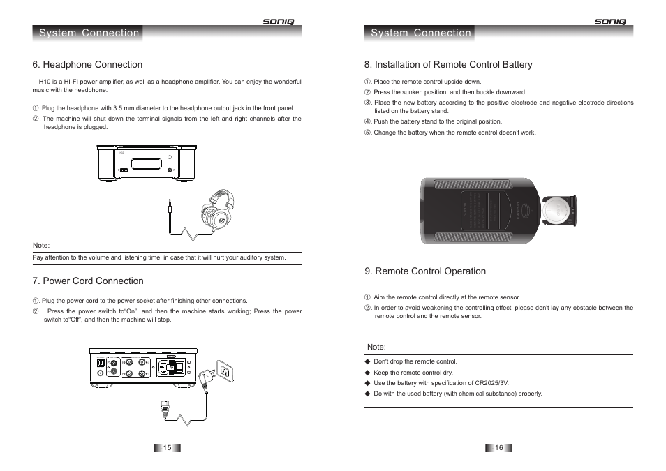 System connection, Headphone connection, Power cord connection | SONIQ H10 User Manual | Page 9 / 13