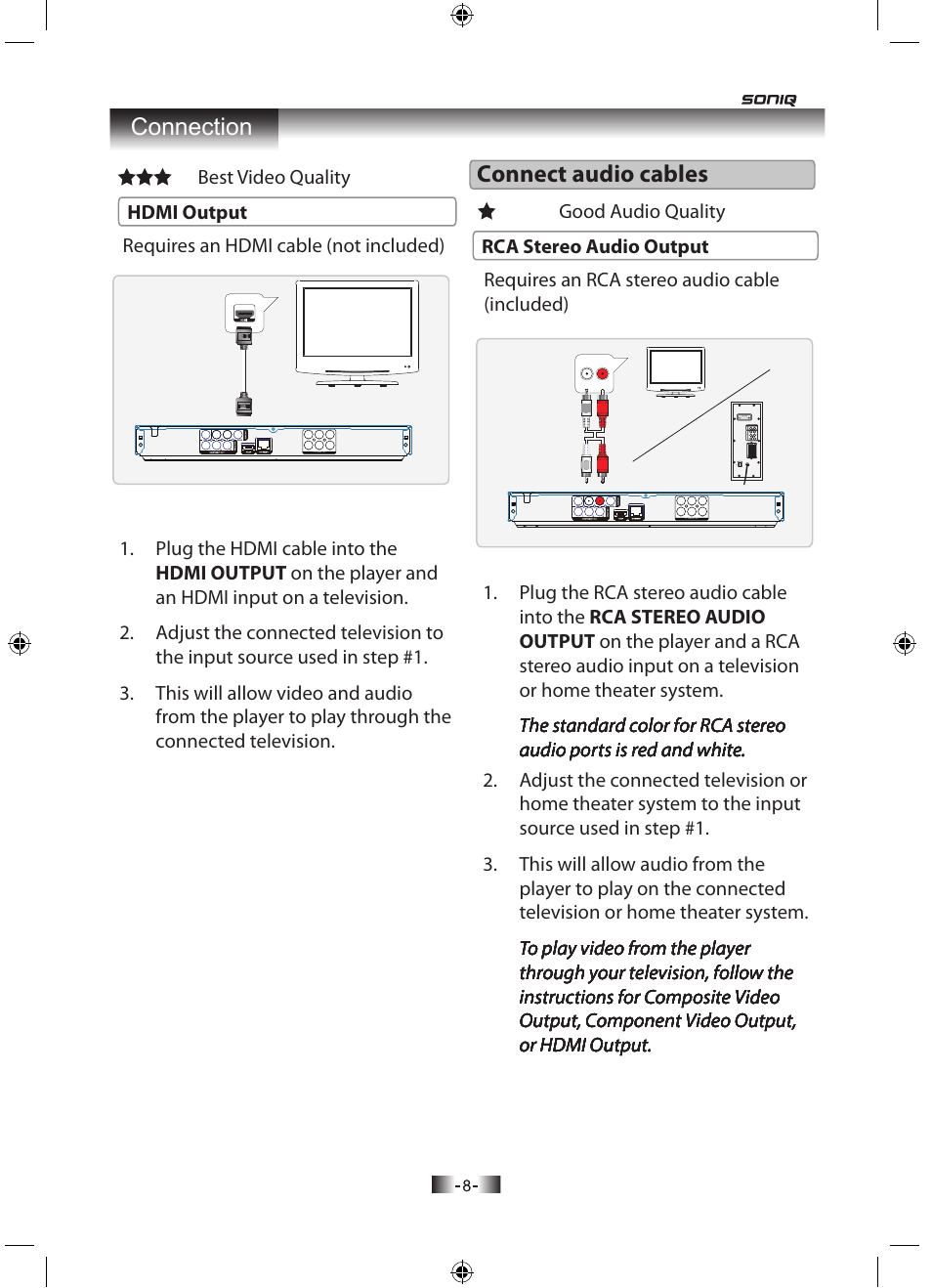 Connect audio cables, Connection | SONIQ H100 User Manual | Page 10 / 20