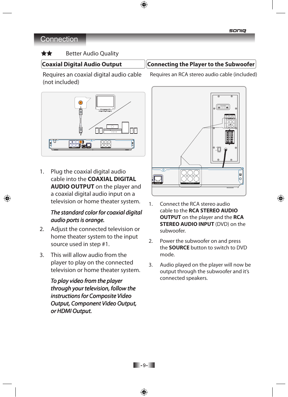 Connection, Connecting the player to the subwoofer | SONIQ H100 User Manual | Page 11 / 20
