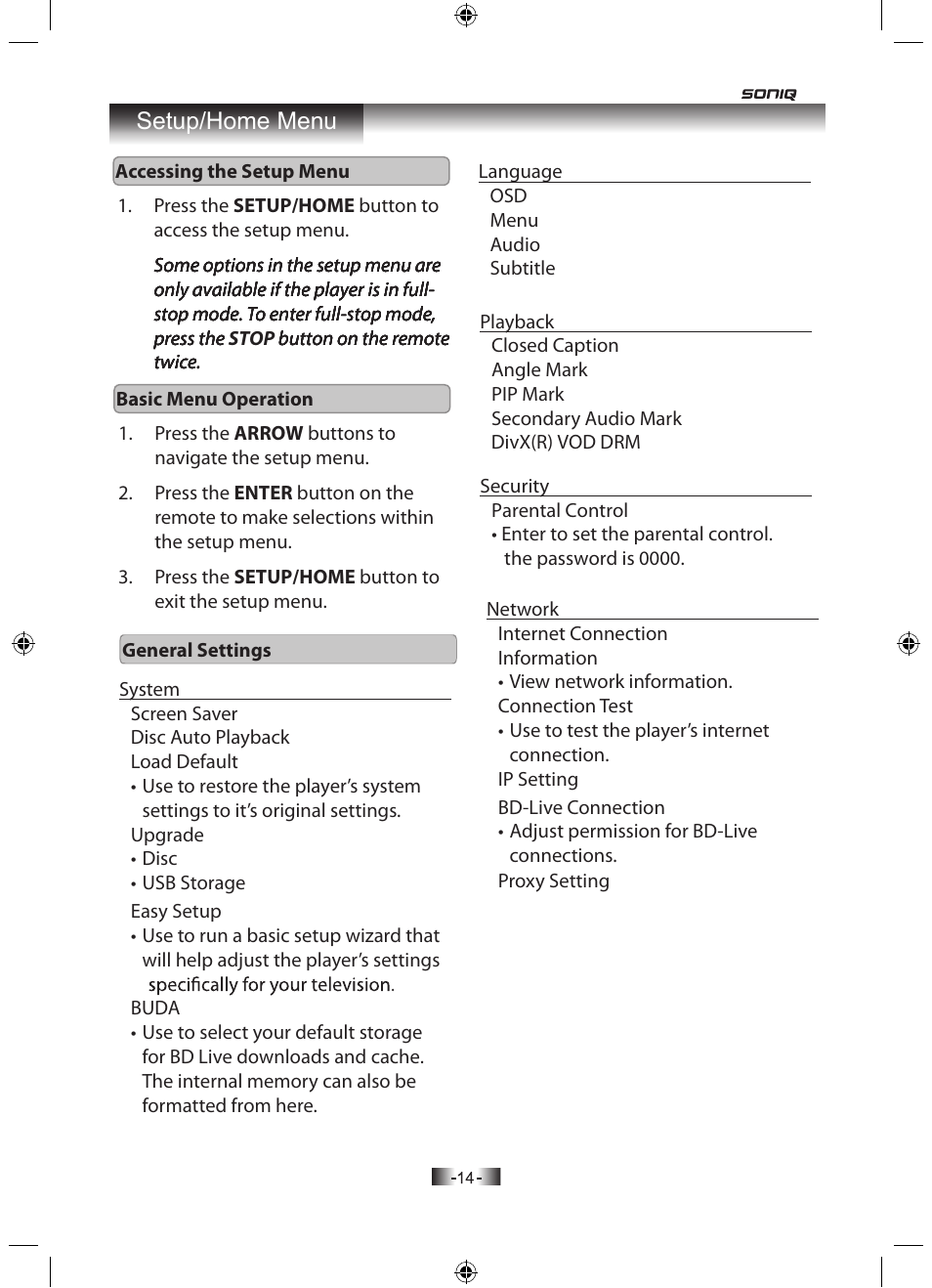Setup/home menu | SONIQ H100 User Manual | Page 16 / 20