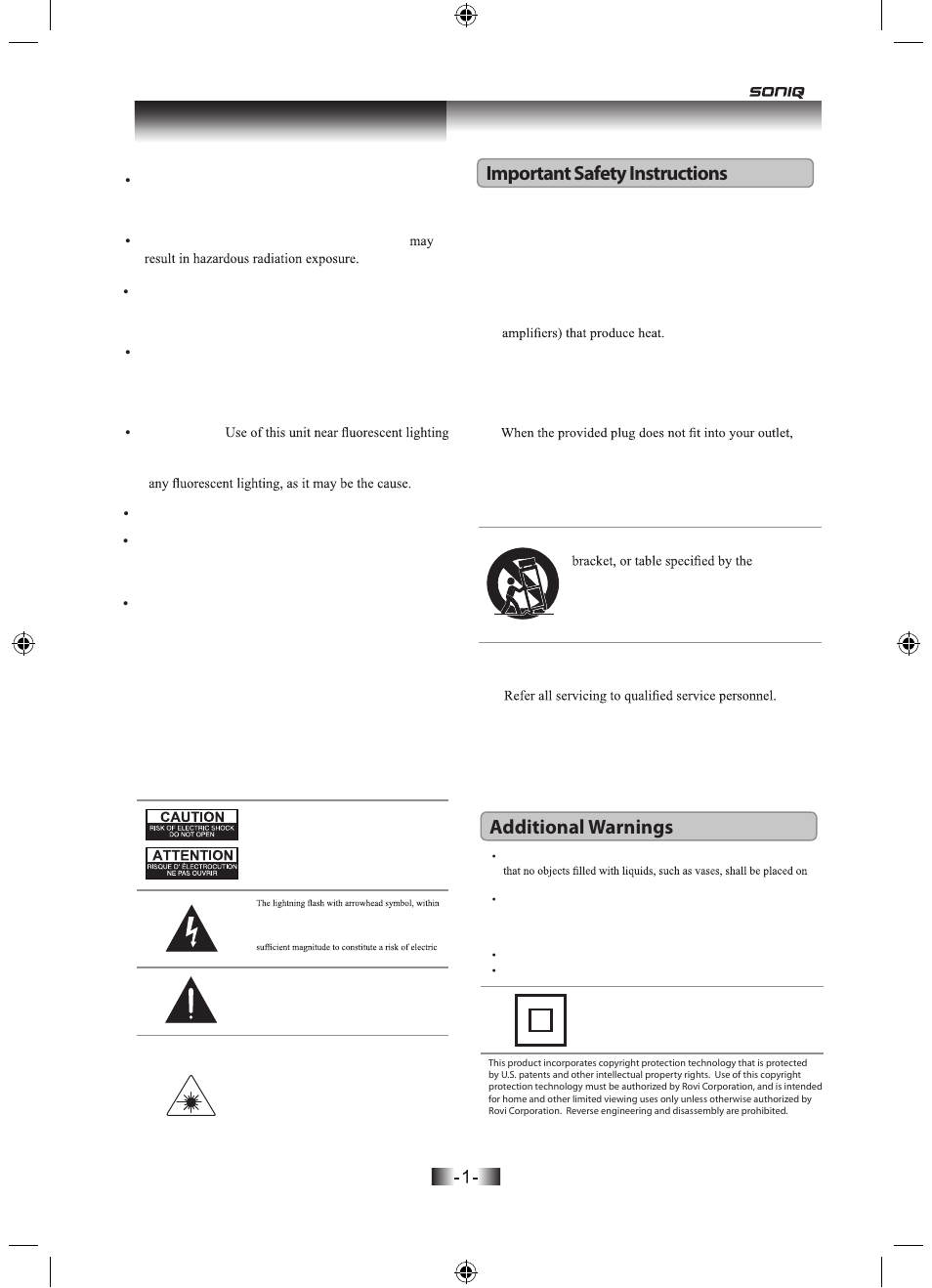 Warnings and precautions, Additional warnings important safety instructions | SONIQ H100 User Manual | Page 3 / 20