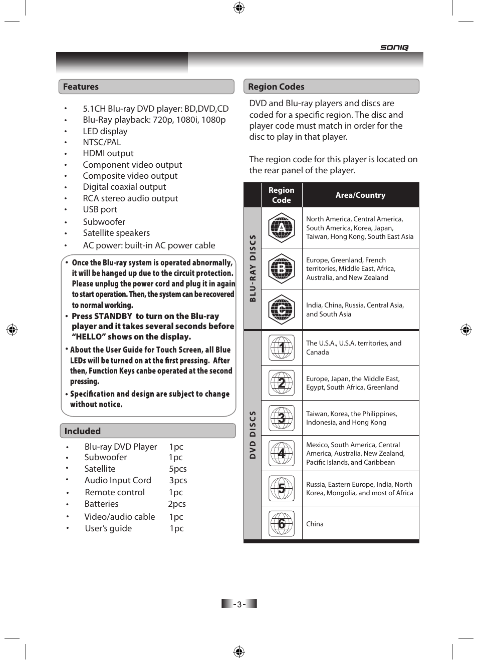 Blu-ray dvd player | SONIQ H100 User Manual | Page 5 / 20