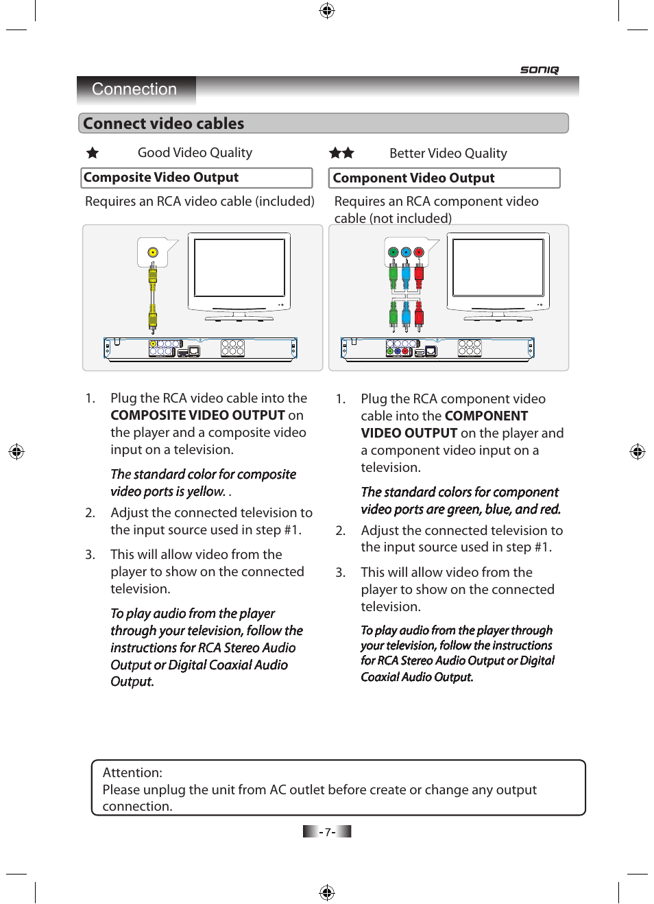 Connect video cables, Connection | SONIQ H100 User Manual | Page 9 / 20