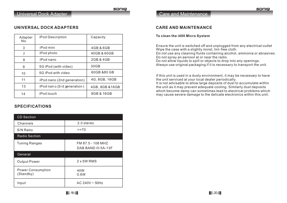 页 11, Universal dock adapter care and maintenance | SONIQ I400 User Manual | Page 11 / 12