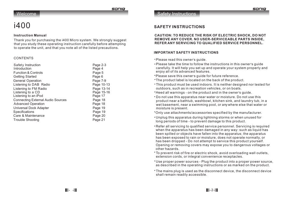 I400, Welcome safety instructions | SONIQ I400 User Manual | Page 2 / 12