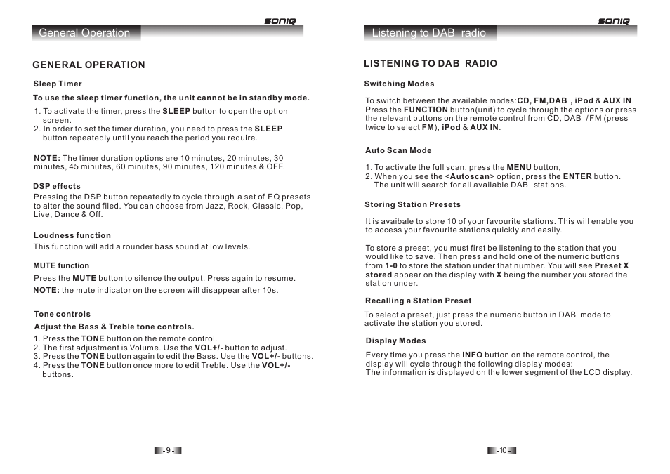 General operation listening to dab radio | SONIQ I400 User Manual | Page 6 / 12