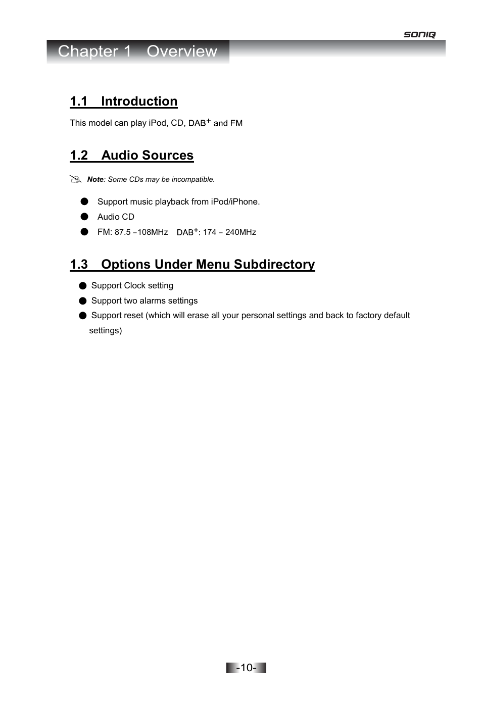 Ecautions, Ormation, Ckage content | P and back, P and back overview, E control overview, Chapter 1 overview, 1 introduction, 2 audio sources, 3 options under menu subdirectory | SONIQ I402 User Manual | Page 10 / 20