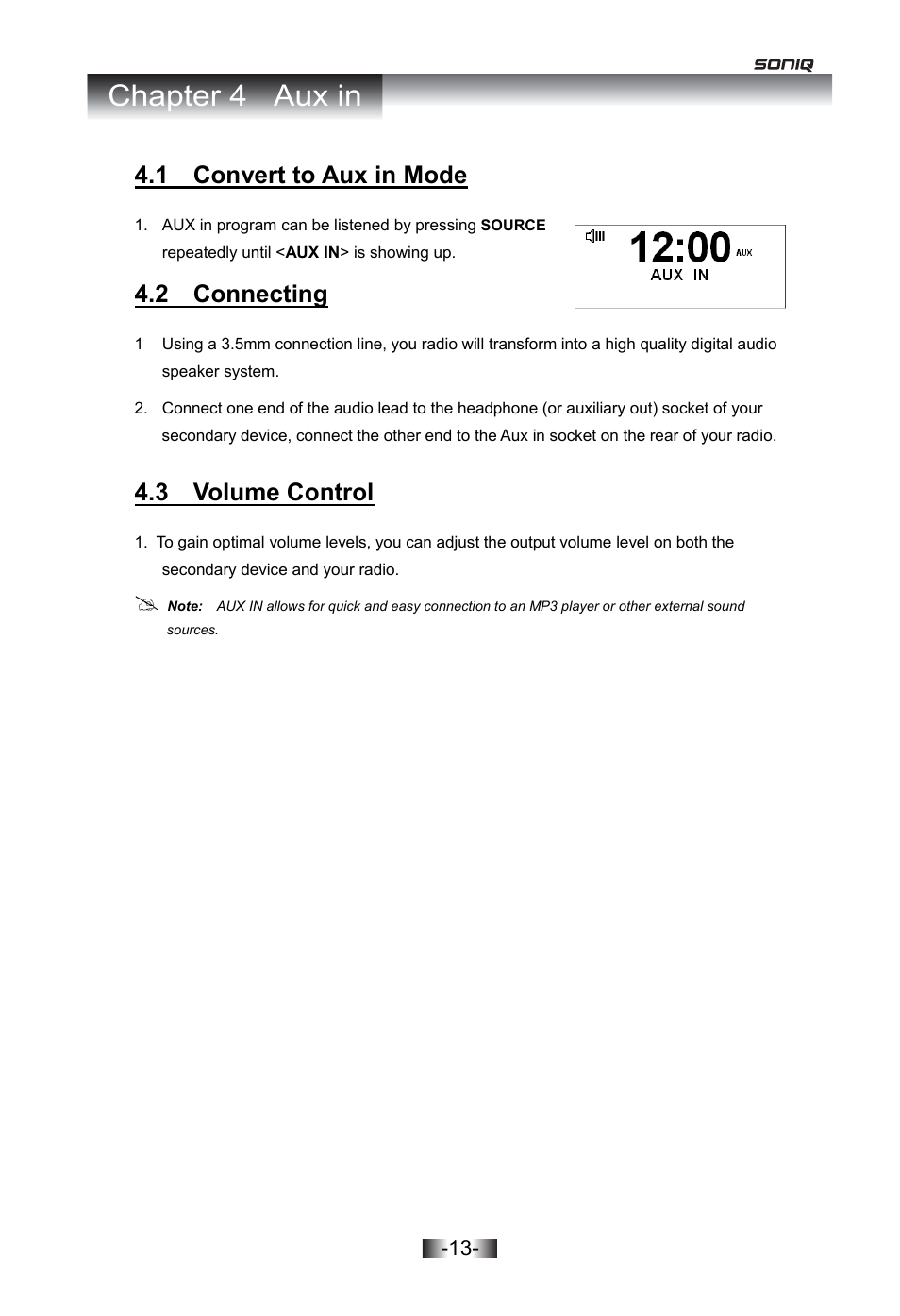 Er 4 aux in, Convert to aux in mode, Onnecting | Lume control, Fm radio, Turn on fm radio, The ways of scan stations, Chapter 4 aux in, 1 convert to aux in mode, 2 connecting | SONIQ I402 User Manual | Page 13 / 20