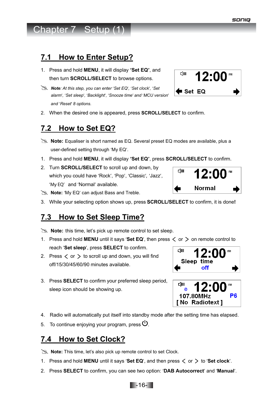 Chapter 7 setup (1), 1 how to enter setup, 2 how to set eq | 3 how to set sleep time, 4 how to set clock | SONIQ I402 User Manual | Page 16 / 20